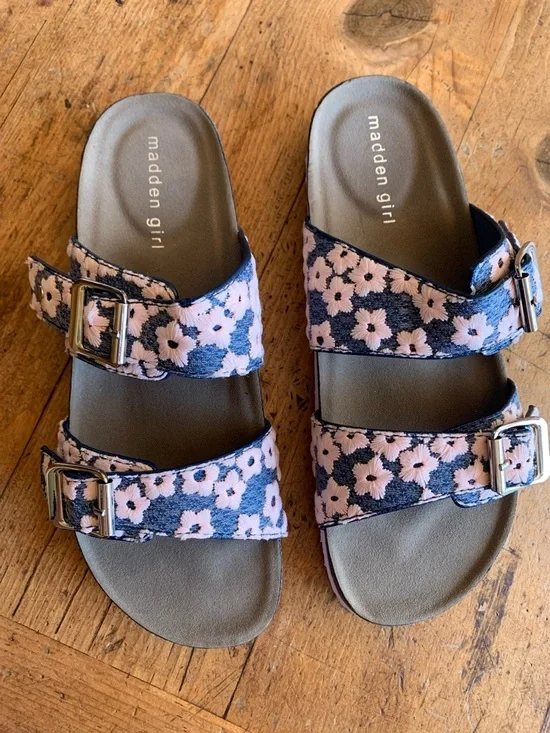 Madden Girl Pink Floral Double-Buckle Slide Sandals - Picture 12 of 16